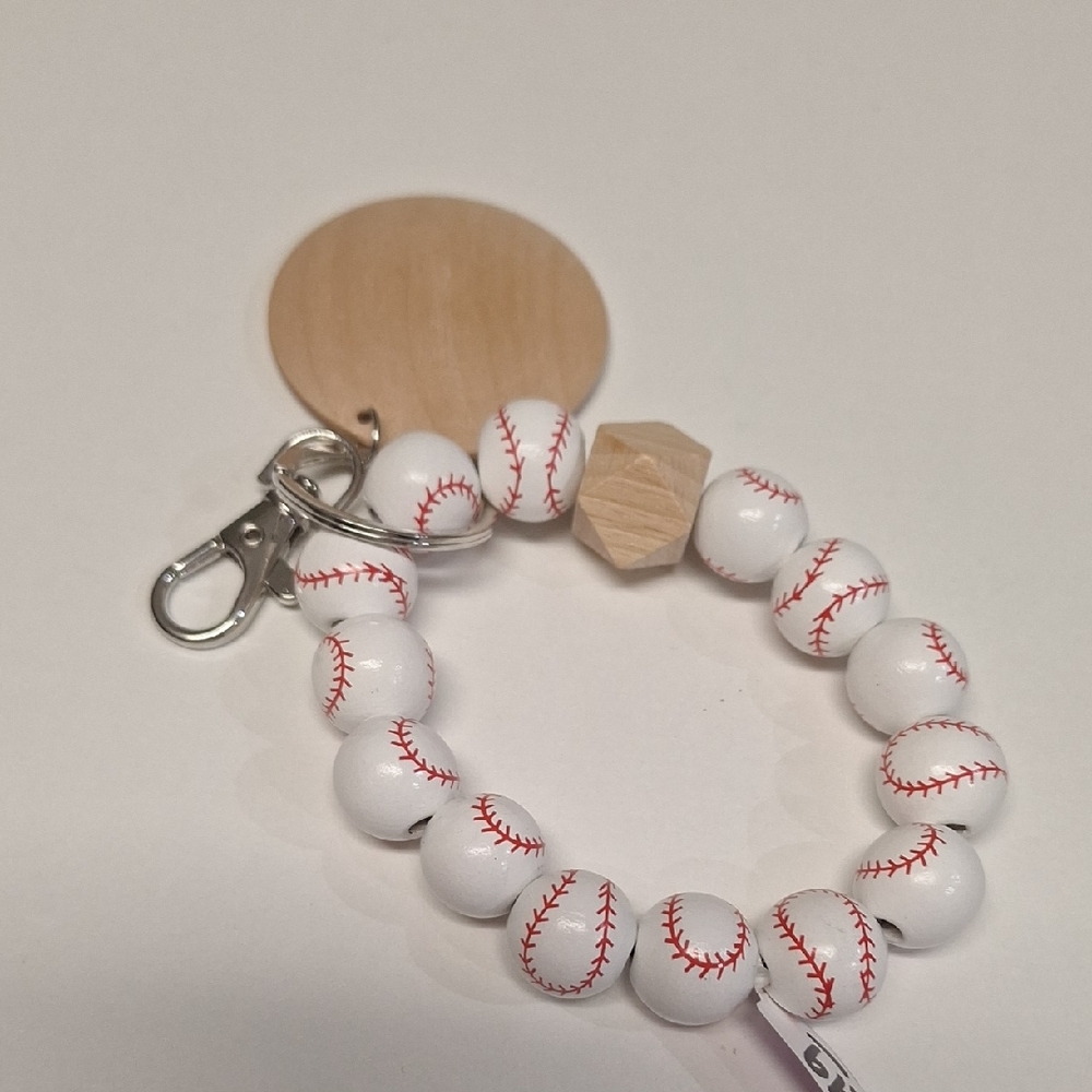Baseball Bead Keychain Bracelet - White